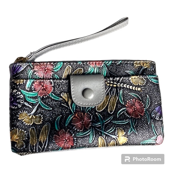 Vintage Style Floral Pattern Faux Leather Wristlet Silver Gray Pink Green New - Picture 2 of 14